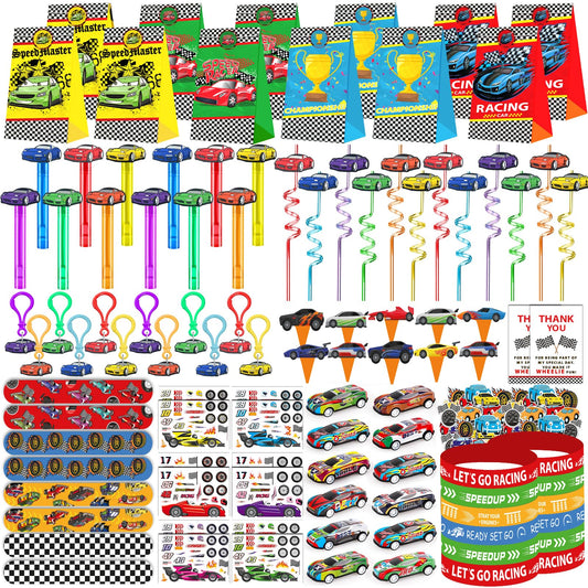 PLOUGVI race car favors pack for a themed birthday celebration.