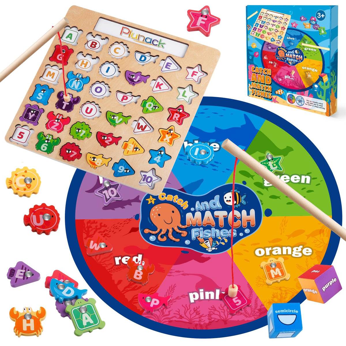 Plunack Alphabet Fishing Game wooden fishes with magnets support alphabet recognition play
