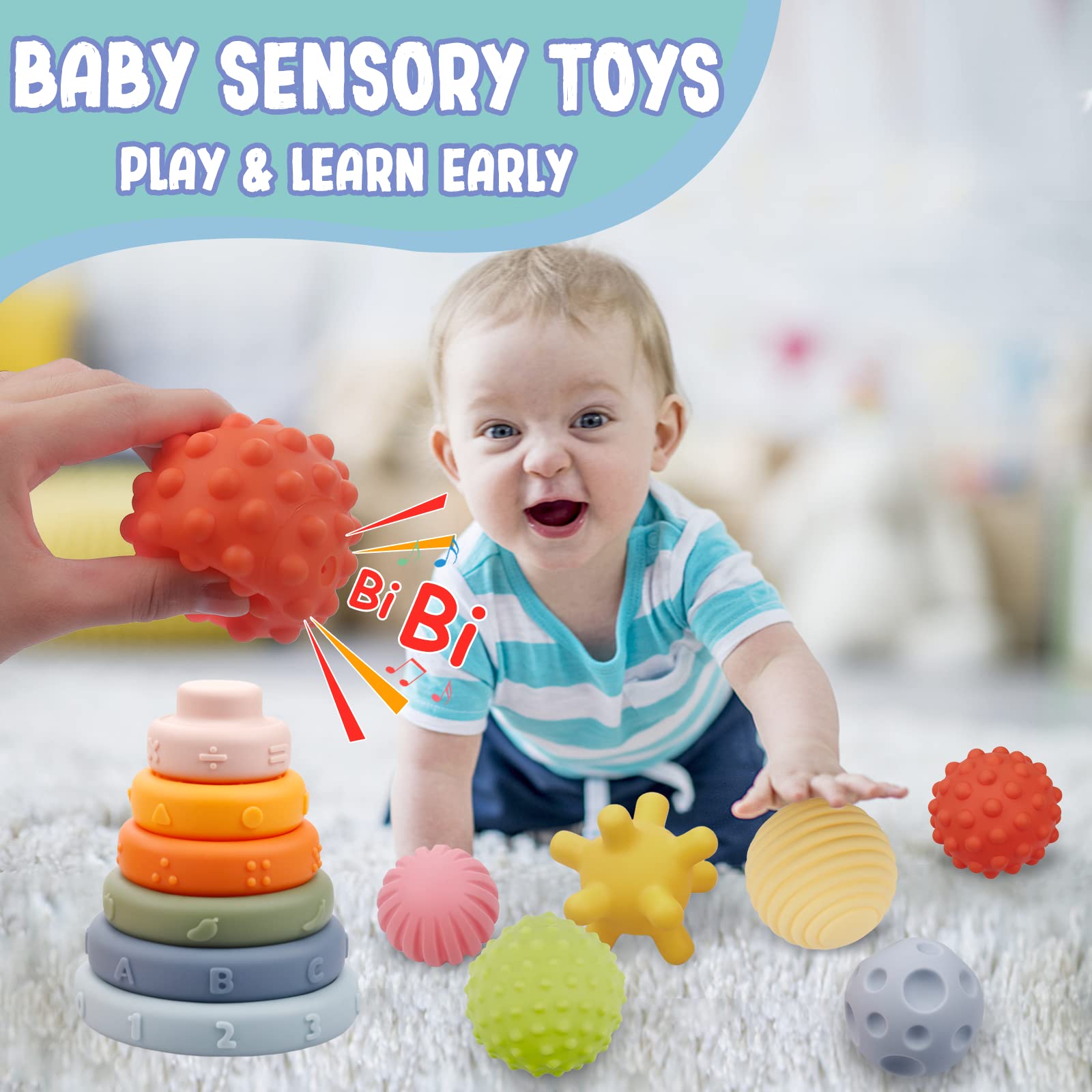 Embossed shapes, animals, and fruits on Plunack blocks for cognitive exploration.