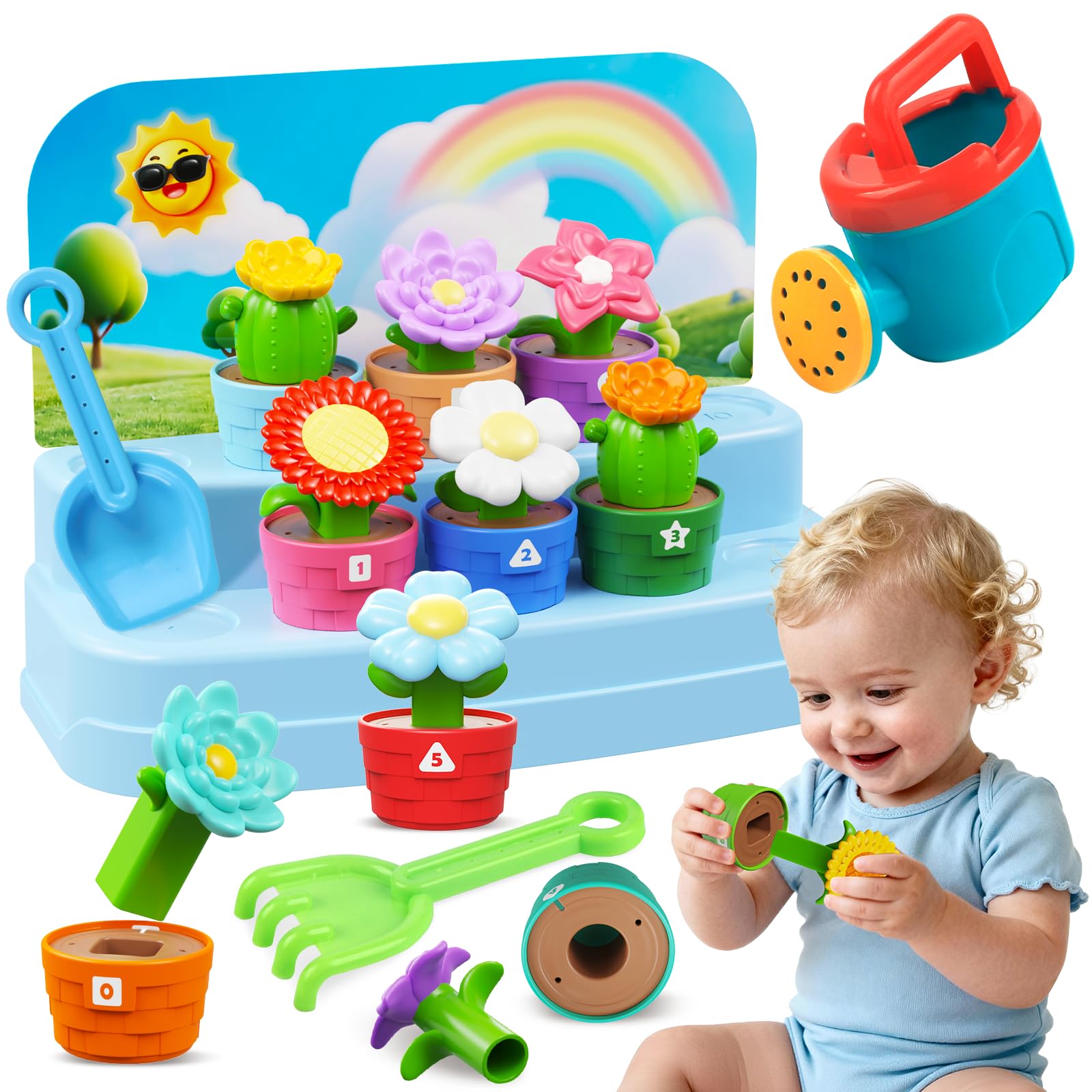 Plunack Flower Garden toy with watering can enhances fine motor skills during pretend gardening.