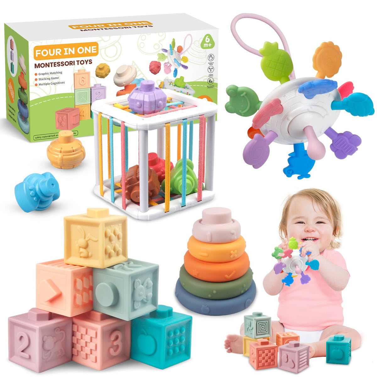 Plunack Montessori 4-in-1 soft stacking blocks for enhanced grasp and spatial awareness