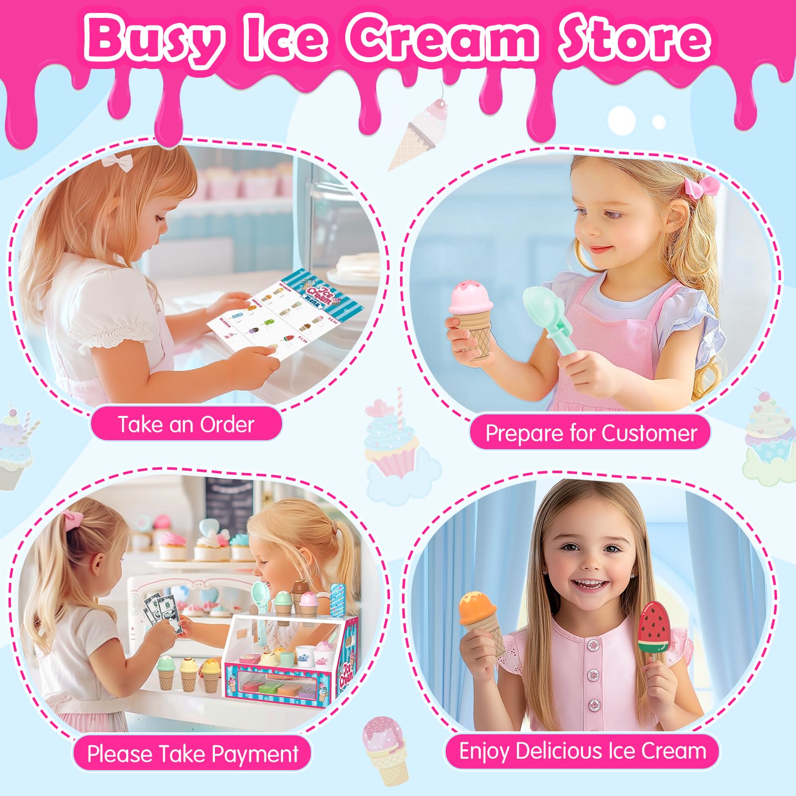 Plunack ice cream shop playset promotes cooperative storytelling and sharing.