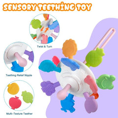 Plunack pull-string teether toy encouraging grip and teething play
