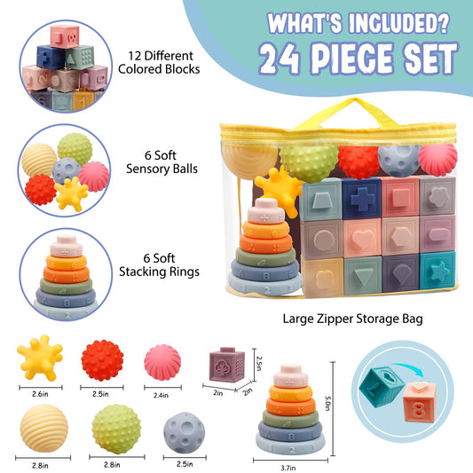 Soft squeezable Plunack blocks that squeak for auditory exploration.
