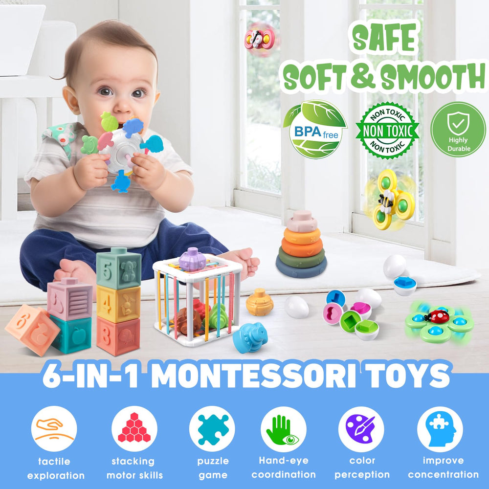 Plunack soft blocks and rings for stacking, squeezing, and teething relief.