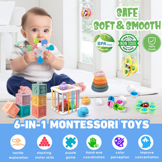 Plunack soft blocks and rings for stacking, squeezing, and teething relief.