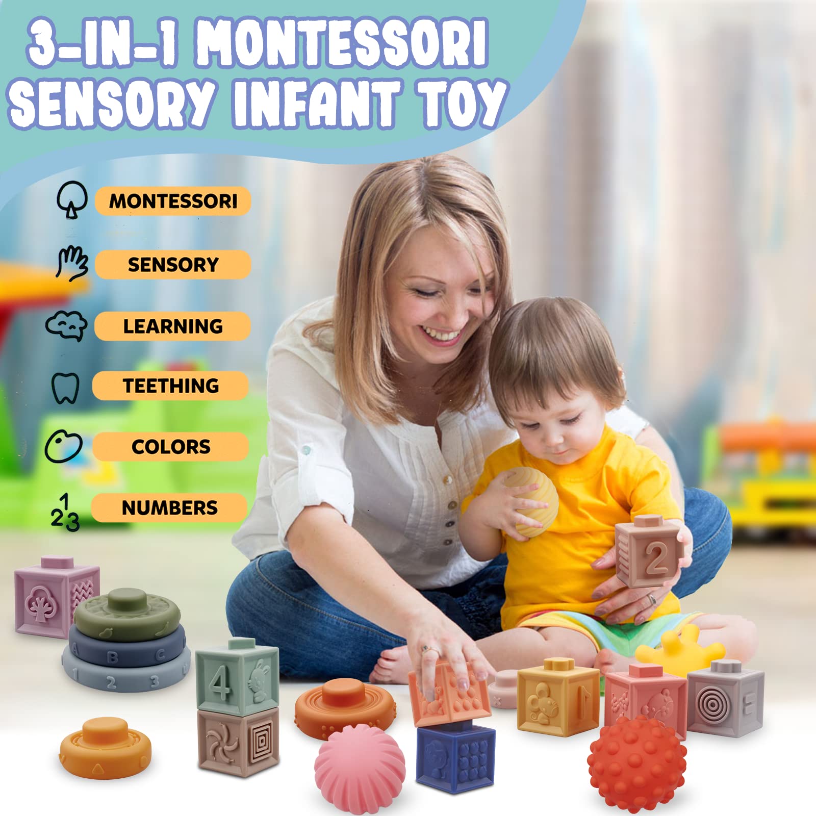 Bright colors on Plunack toys spark sensory play and curiosity.
