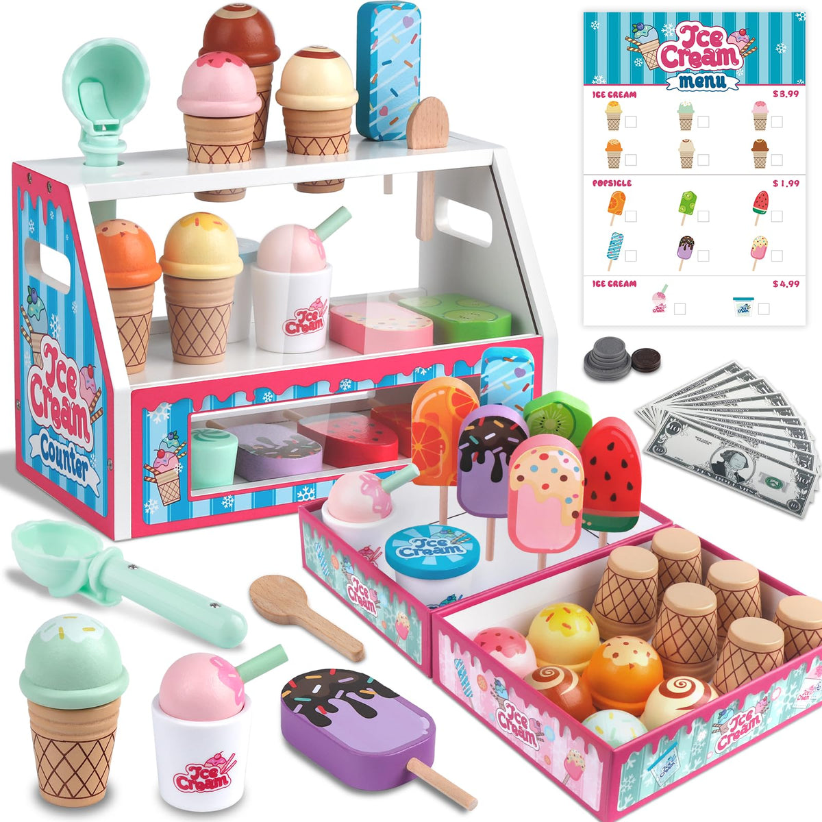 Plunack wooden ice cream counter display for imaginative play.