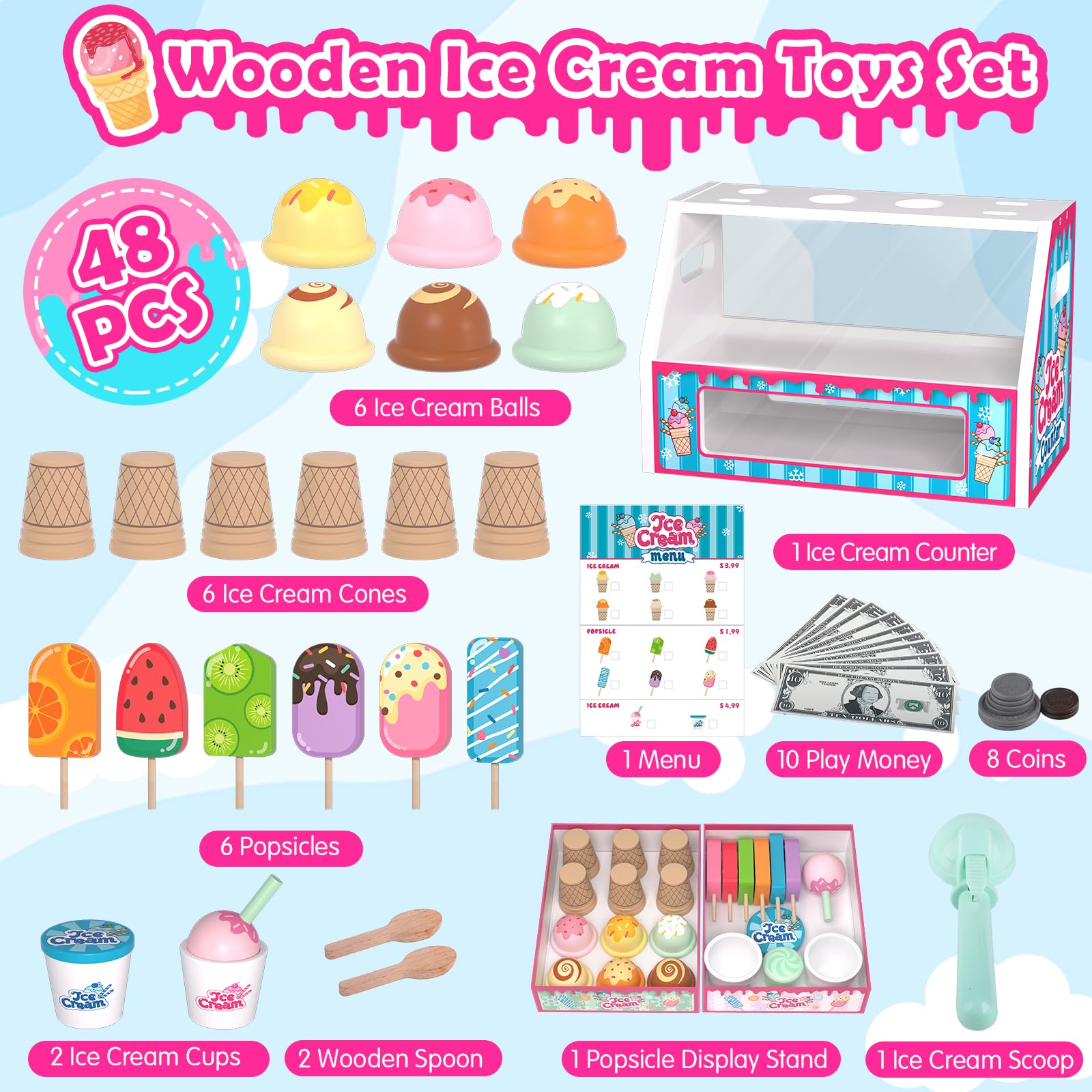 Plunack wooden ice cream scoops and cones set supports creative role play.