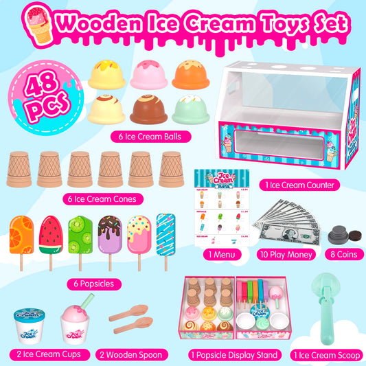 Plunack wooden ice cream scoops and cones set supports creative role play.