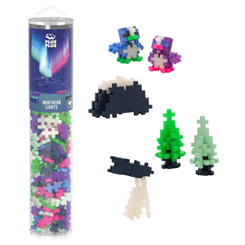 PLUS PLUS 240-piece blocks with northern lights glow for nighttime imagination.