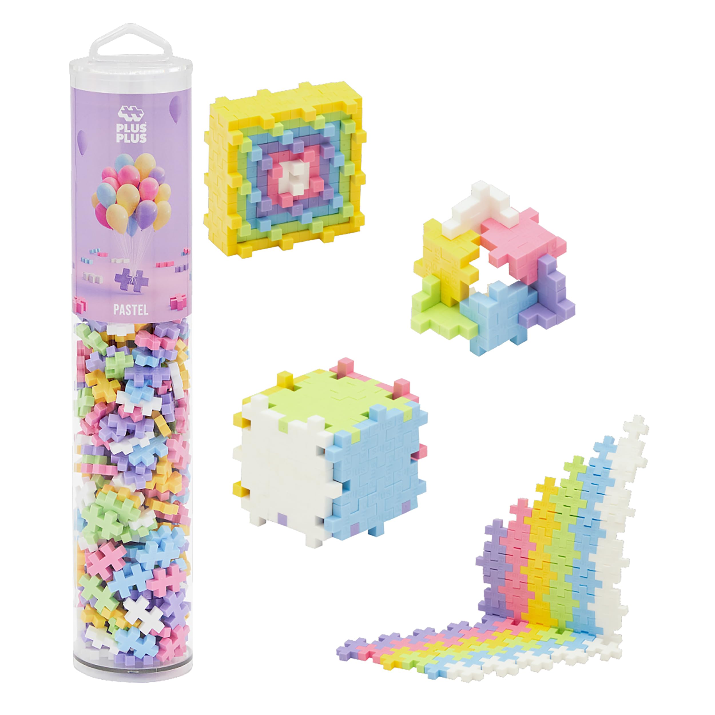 Plus Plus 240-piece pastel blocks in a tube for creative play and open-ended learning.