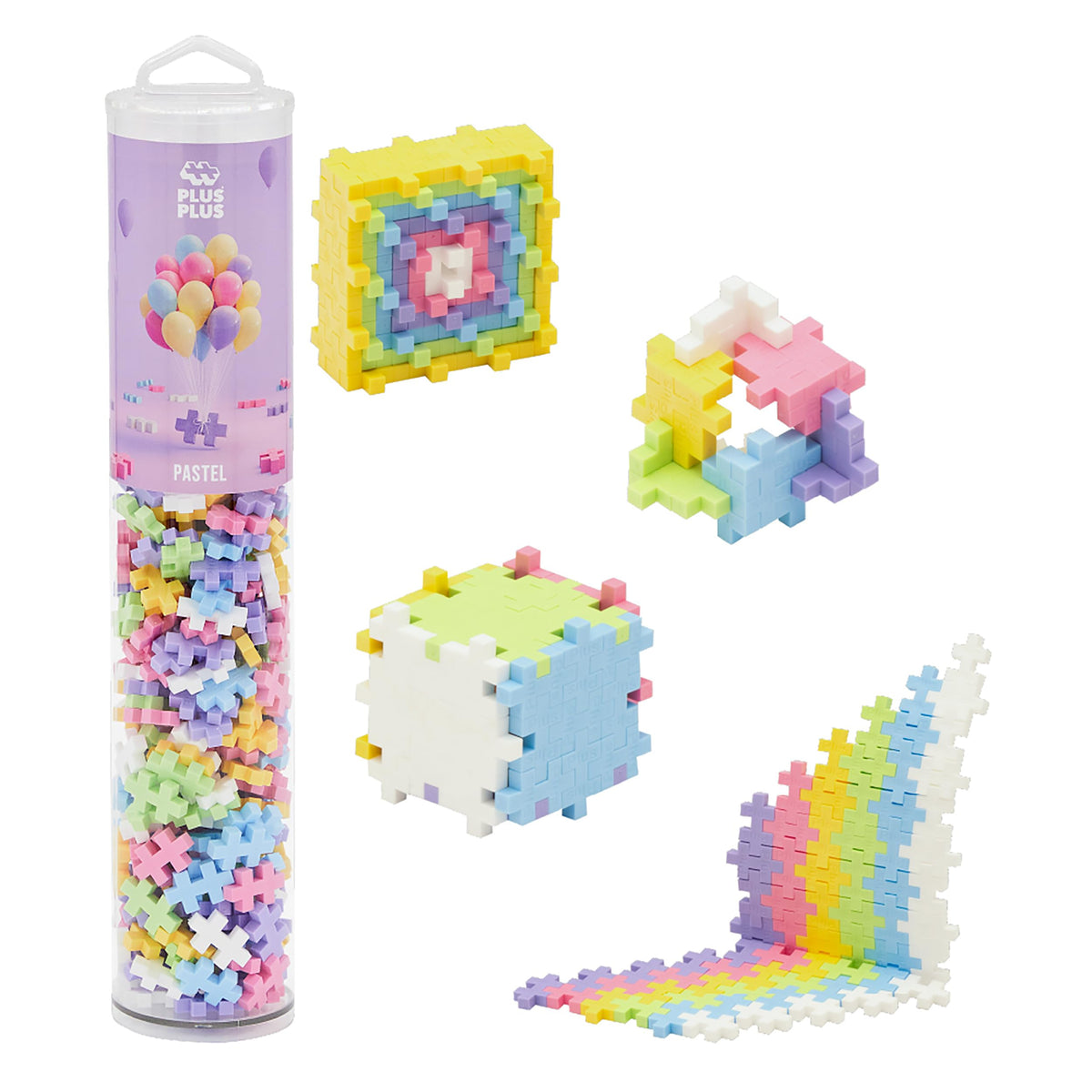 Plus Plus 240-piece pastel blocks in a tube for creative play and open-ended learning.