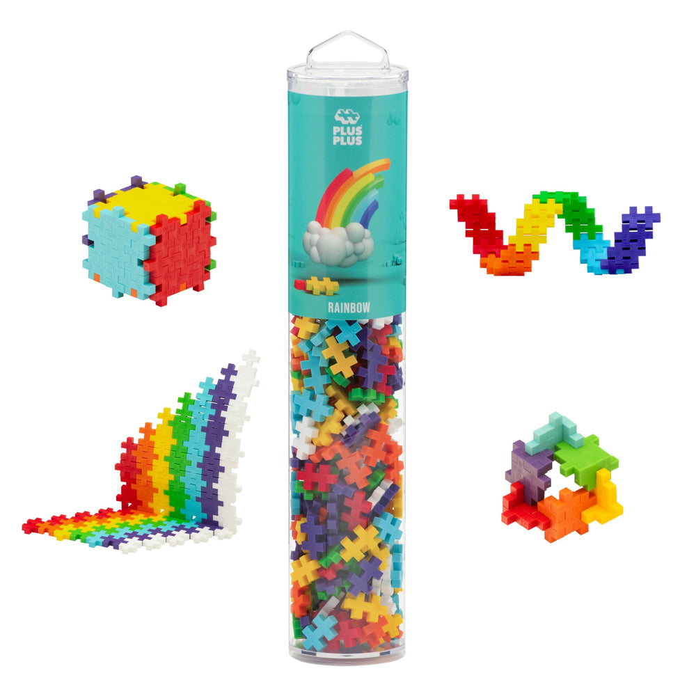 PLUS PLUS 240-piece rainbow blocks in a tube for portable creative play.