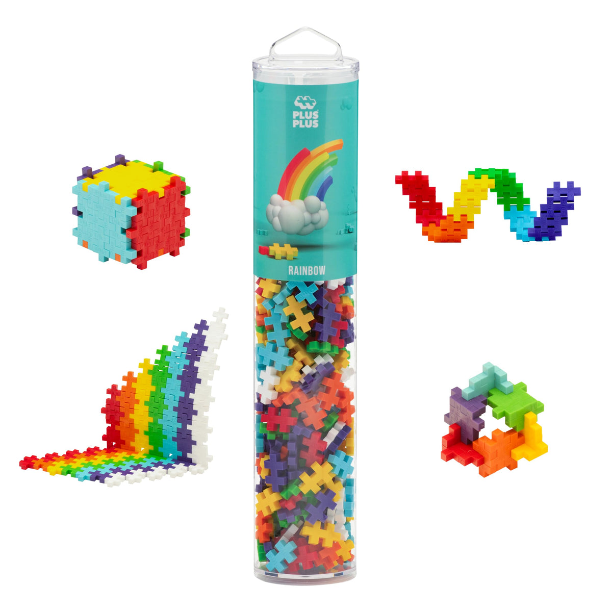 PLUS PLUS 240-piece rainbow blocks in a tube for portable creative play.