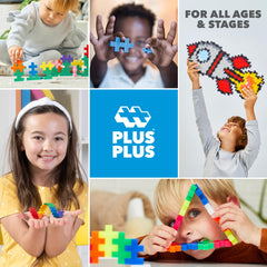 Children ages 5–12 enjoy creative Plus Plus play in a classroom