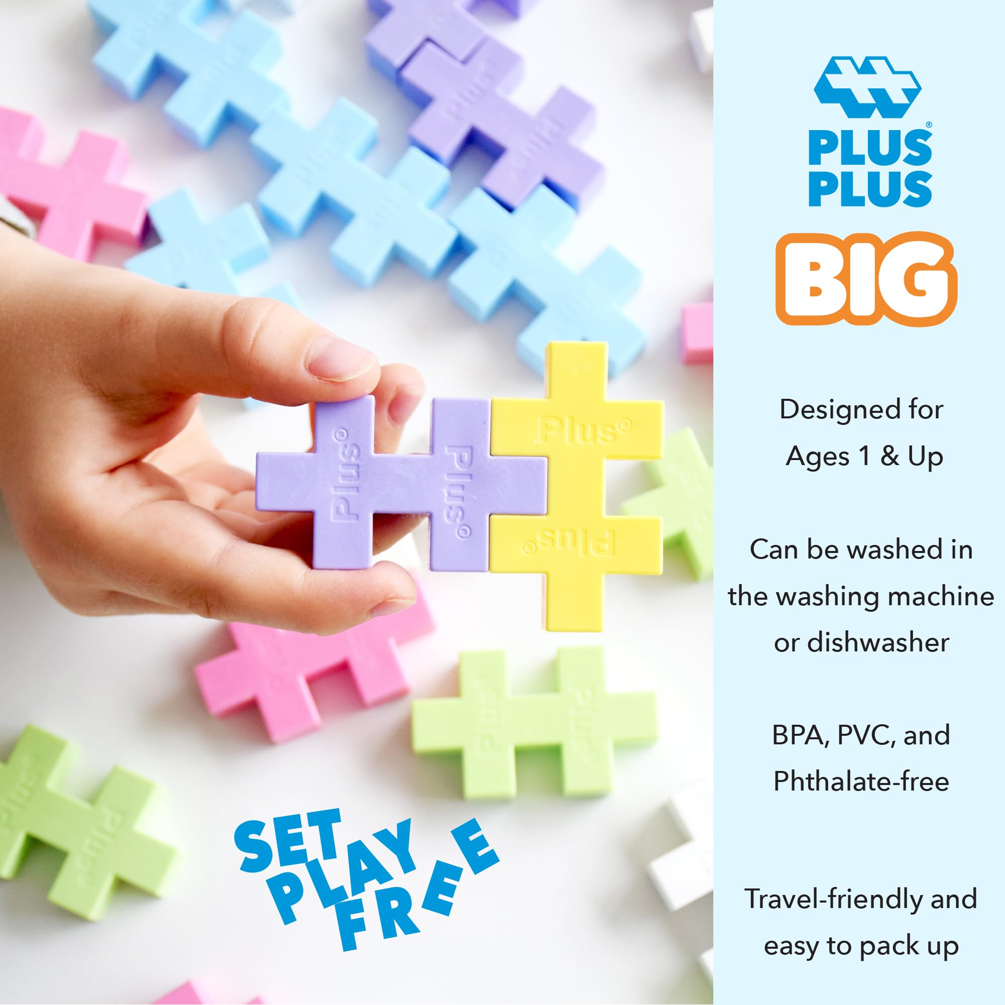 Plus Plus Big is designed for ages 2+, offering BPA-free, phthalate-free safety.