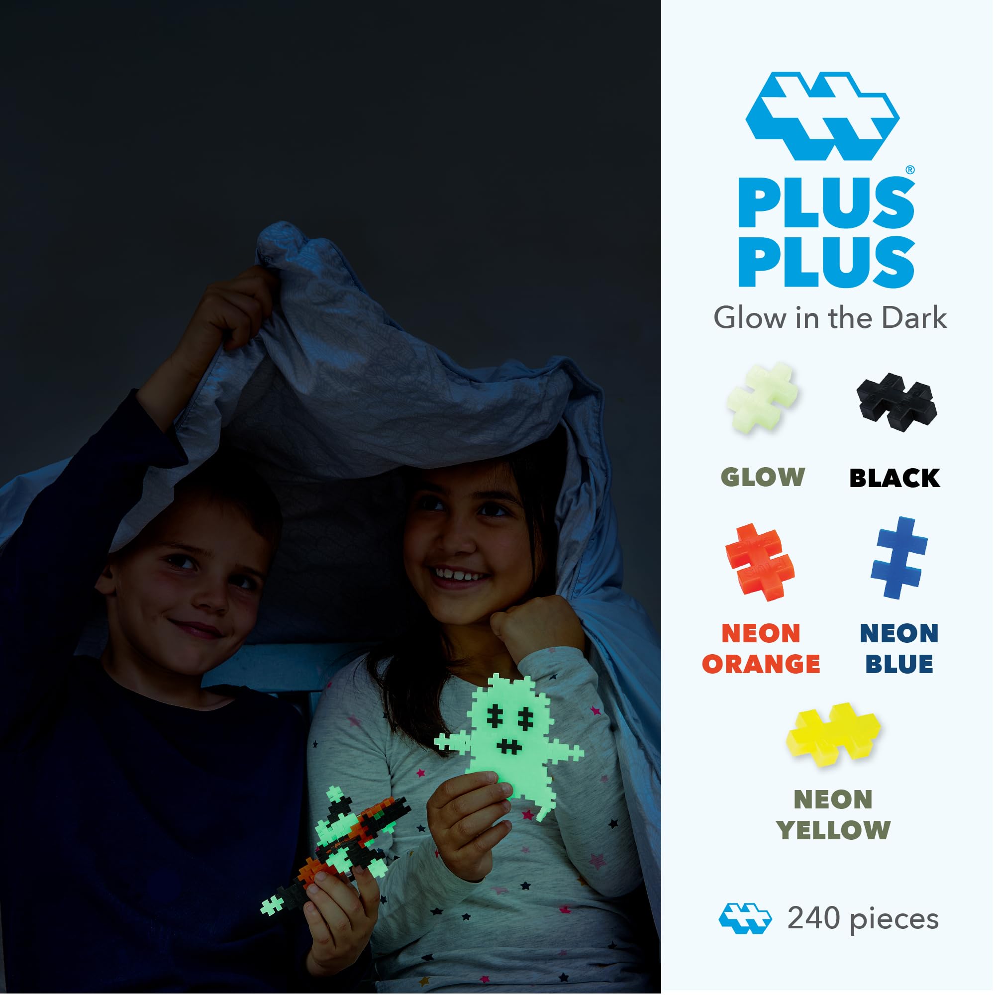 PLUS PLUS interlocking bricks forming colorful mosaics and 3D builds