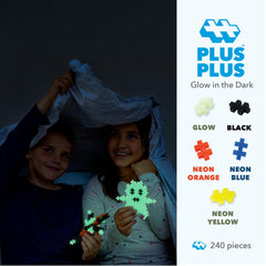 PLUS PLUS interlocking bricks forming colorful mosaics and 3D builds