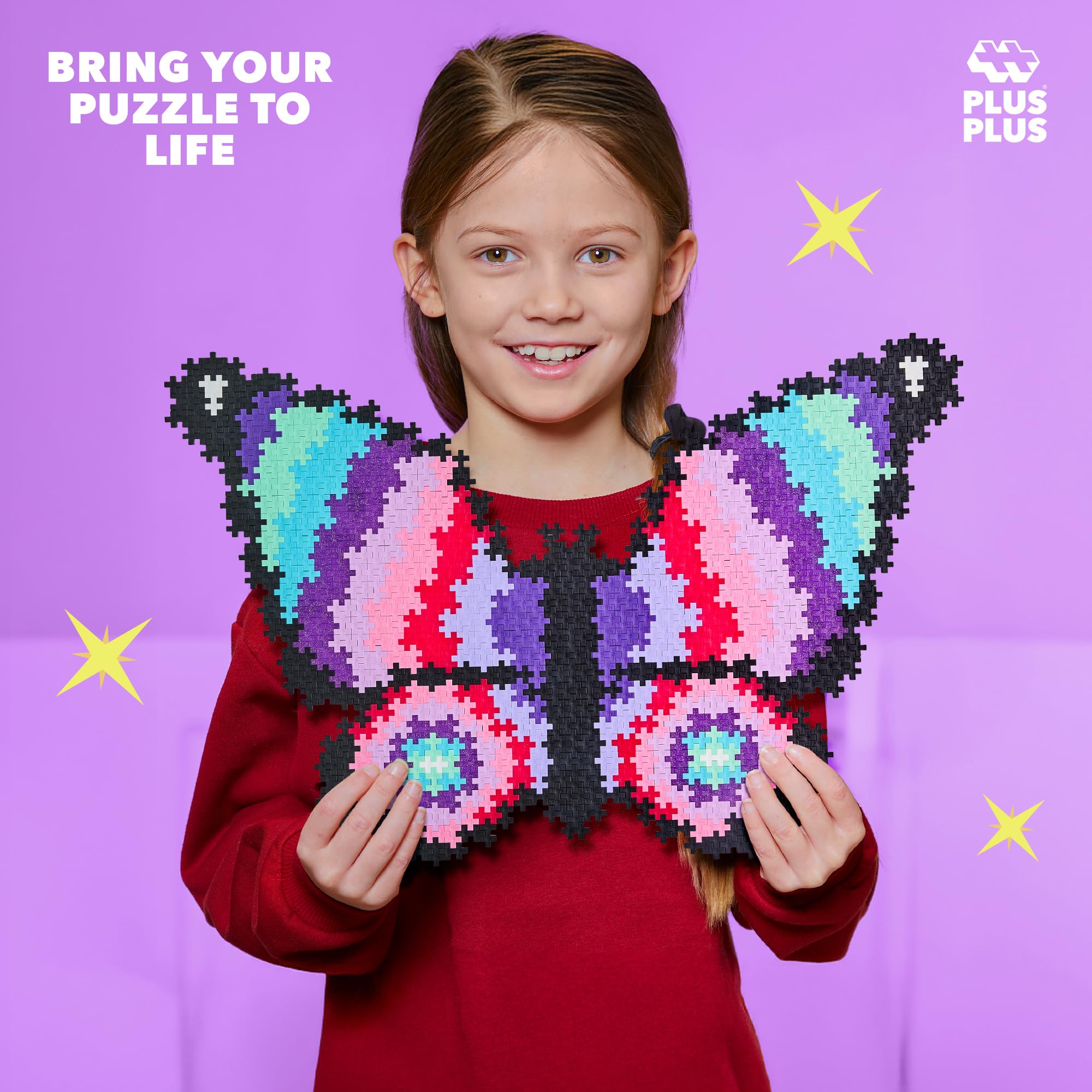 Plus Plus Puzzle by Number 3D pixel-art butterfly with vibrant color blocks.