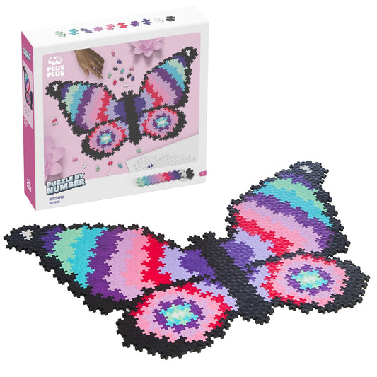 Plus Plus Puzzle by Number Butterfly 800-piece interlocking set ready to display as wall art.