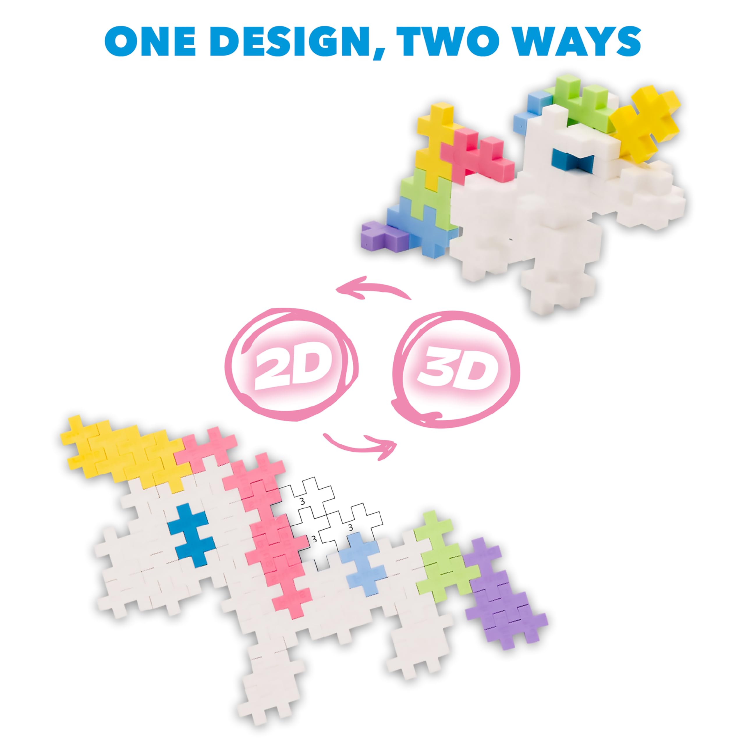 Plus Plus Puzzle by Number unicorn design encourages imaginative construction on the move