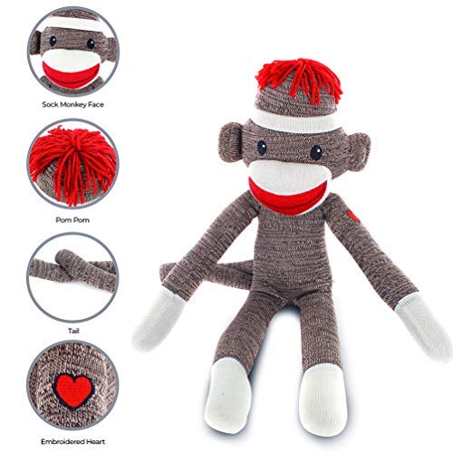 Plushland Brown Original Sock Monkey embroidered heart, distinctive logo for collectors.