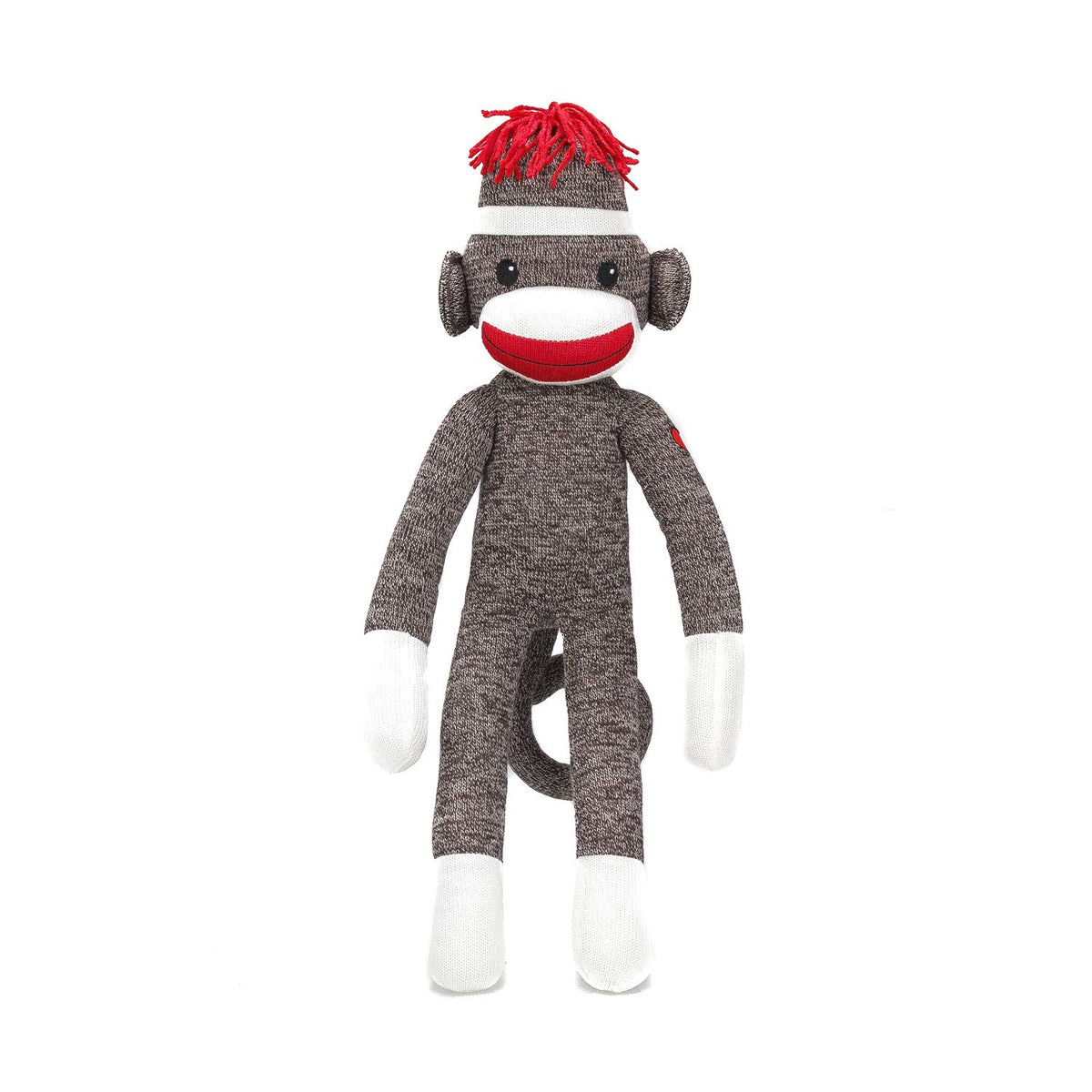 Plushland Brown Original Sock Monkey face close-up, comforting cuddle for kids.
