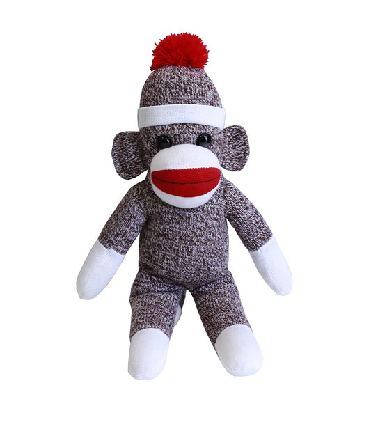 Plushland Sock Monkey red smile showcases iconic charm, ideal as a comforting gift.