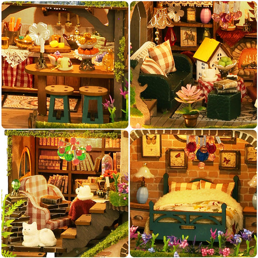 Plustopoy DIY miniature dollhouse in-progress showing precise assembly steps for adults