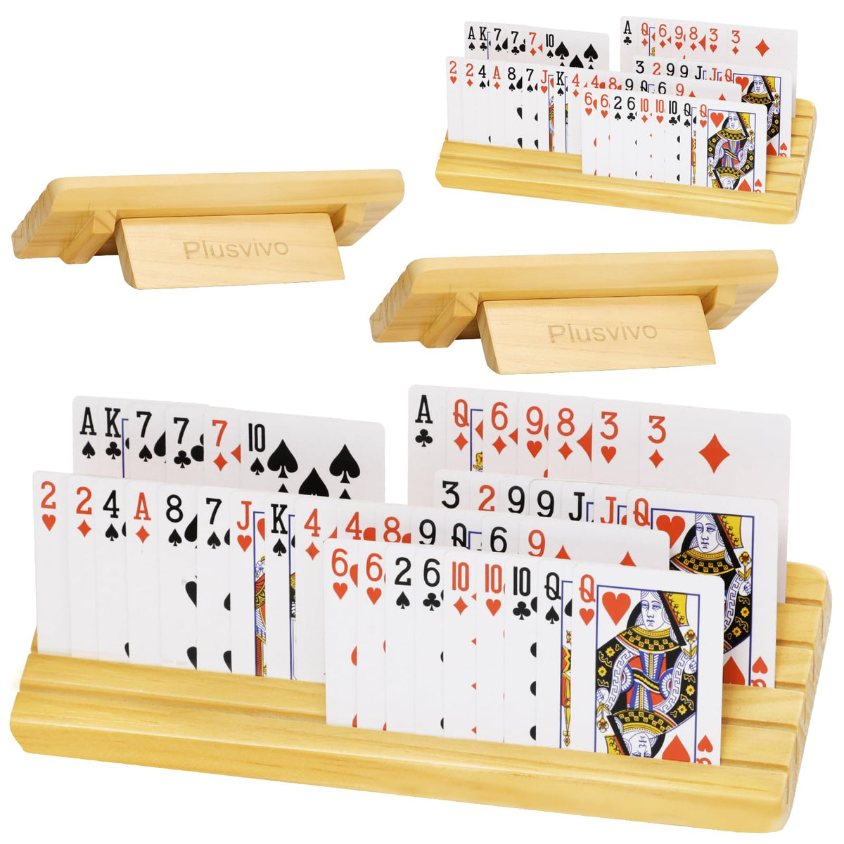 Plusvivo card holders with foldable stand for tidy setup during family game night.