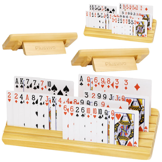 Plusvivo card holders with foldable stand for tidy setup during family game night.