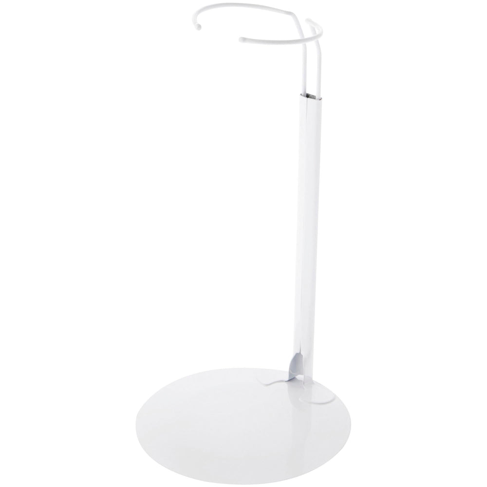 Plymor DSP-90W white doll stand showing adjustable height for 15–21 inch dolls