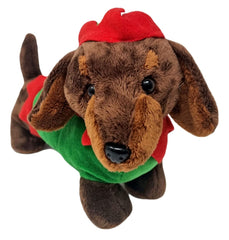 PMS Weiner Dog in elf-costume plush, soft fabric for cozy gift moments