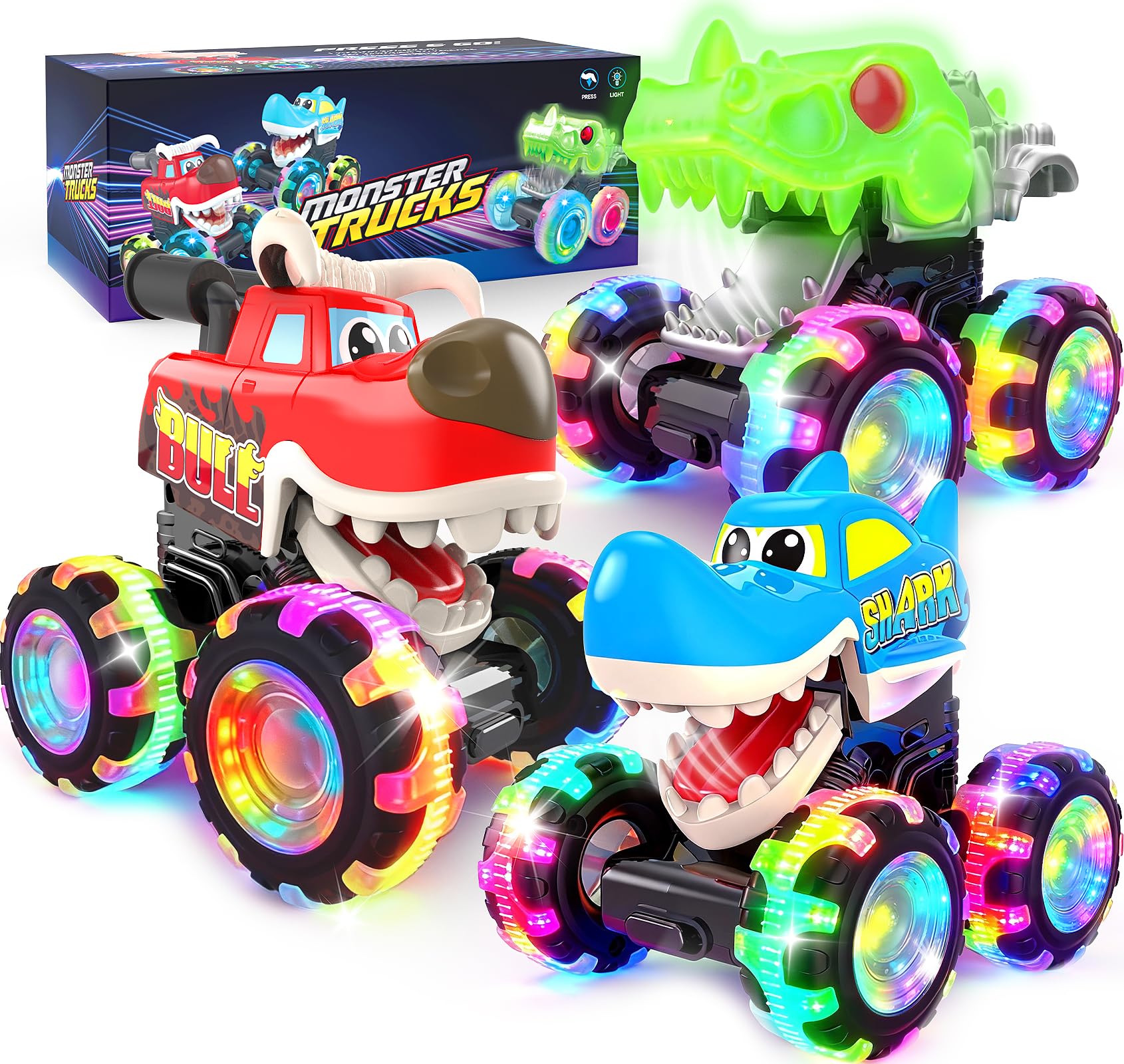 Pnooe Monster Truck toy press-go action boosts toddler mobility.