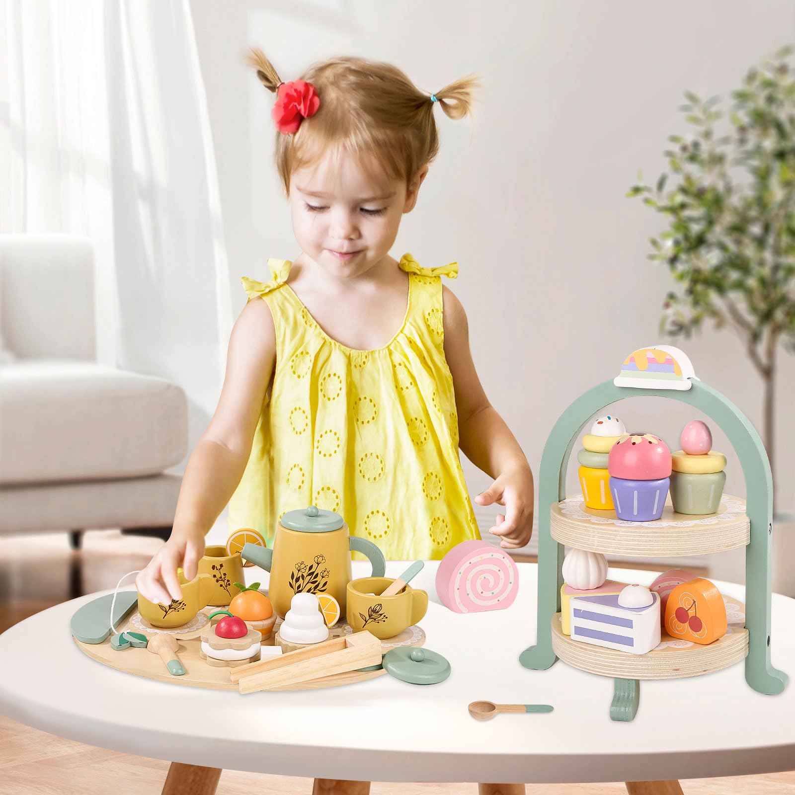 Podeddju wooden tea set coasters complete the tea party setup for tidy play areas.