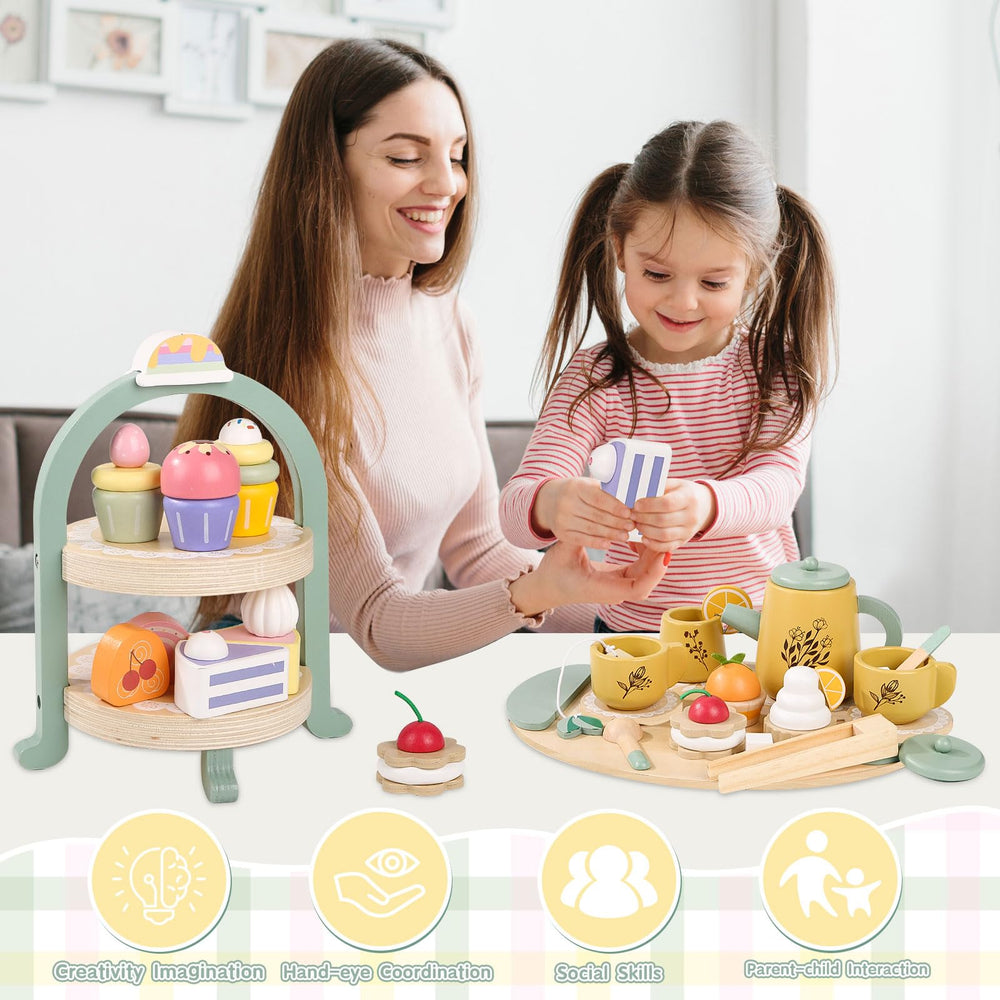 Podeddju wooden tea set Swiss rolls highlight detailed pretend desserts for creative play.