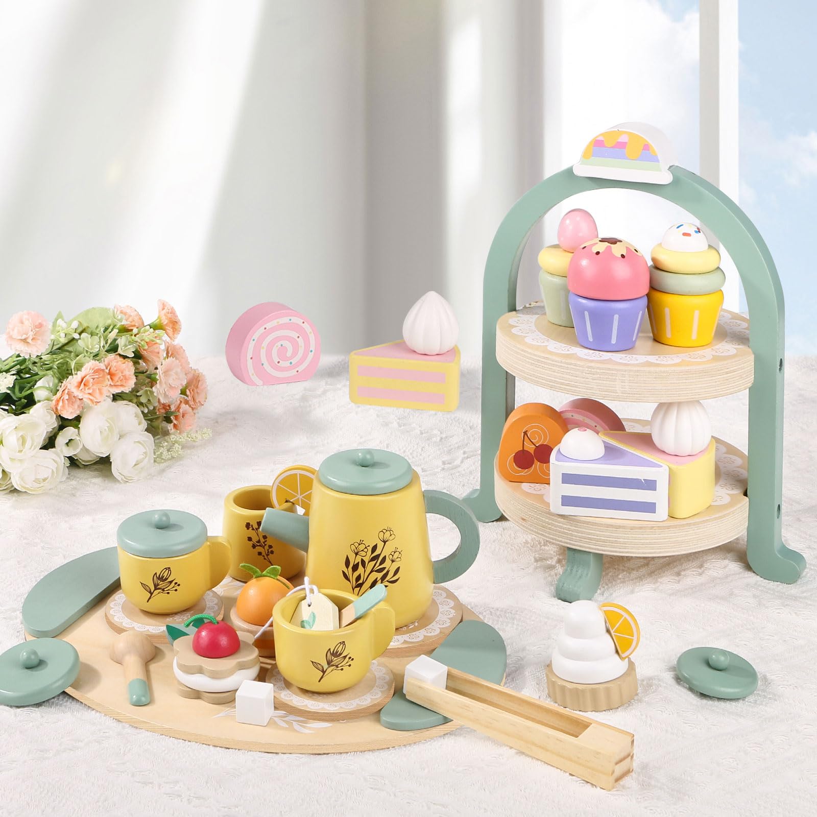 Podeddju wooden tea set tea cups promote sharing and fine motor skills during tea time.