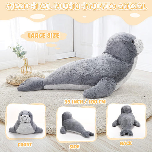 Poen giant seal grey pillow-like plush offers comforting seating and decor