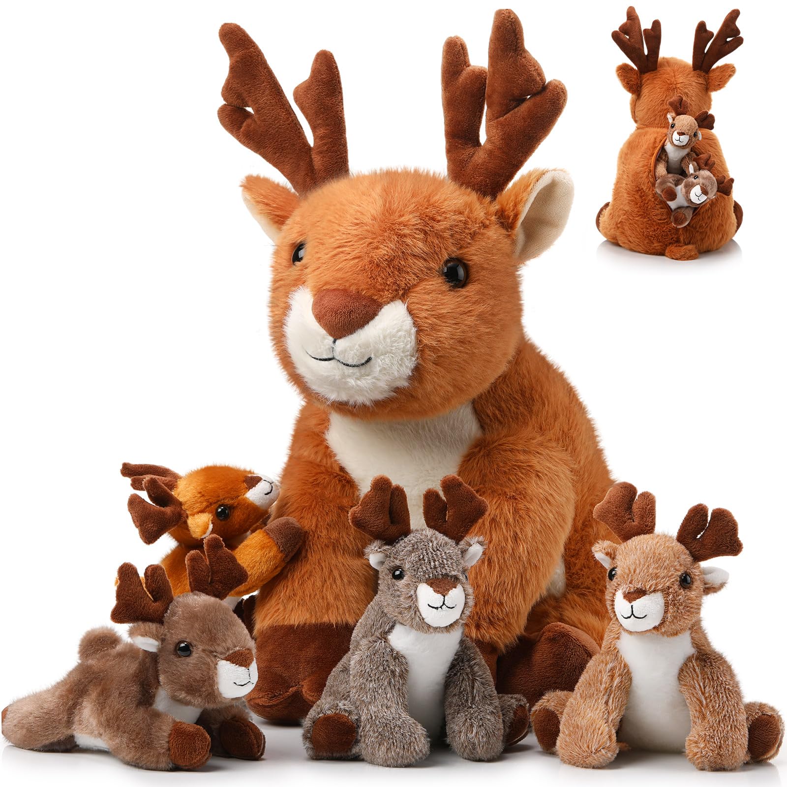 Poen plush deer mother 16-inch with zipper tummy for playful storage.