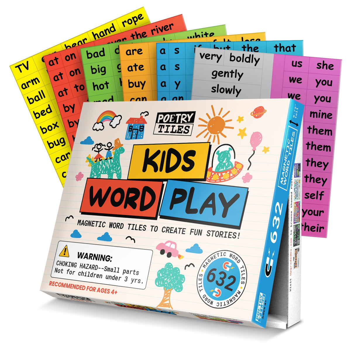 Poetry Tiles 632 magnets on fridge enable word play and sentences