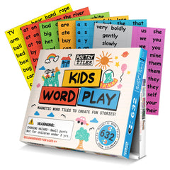Poetry Tiles 632 magnets on fridge enable word play and sentences