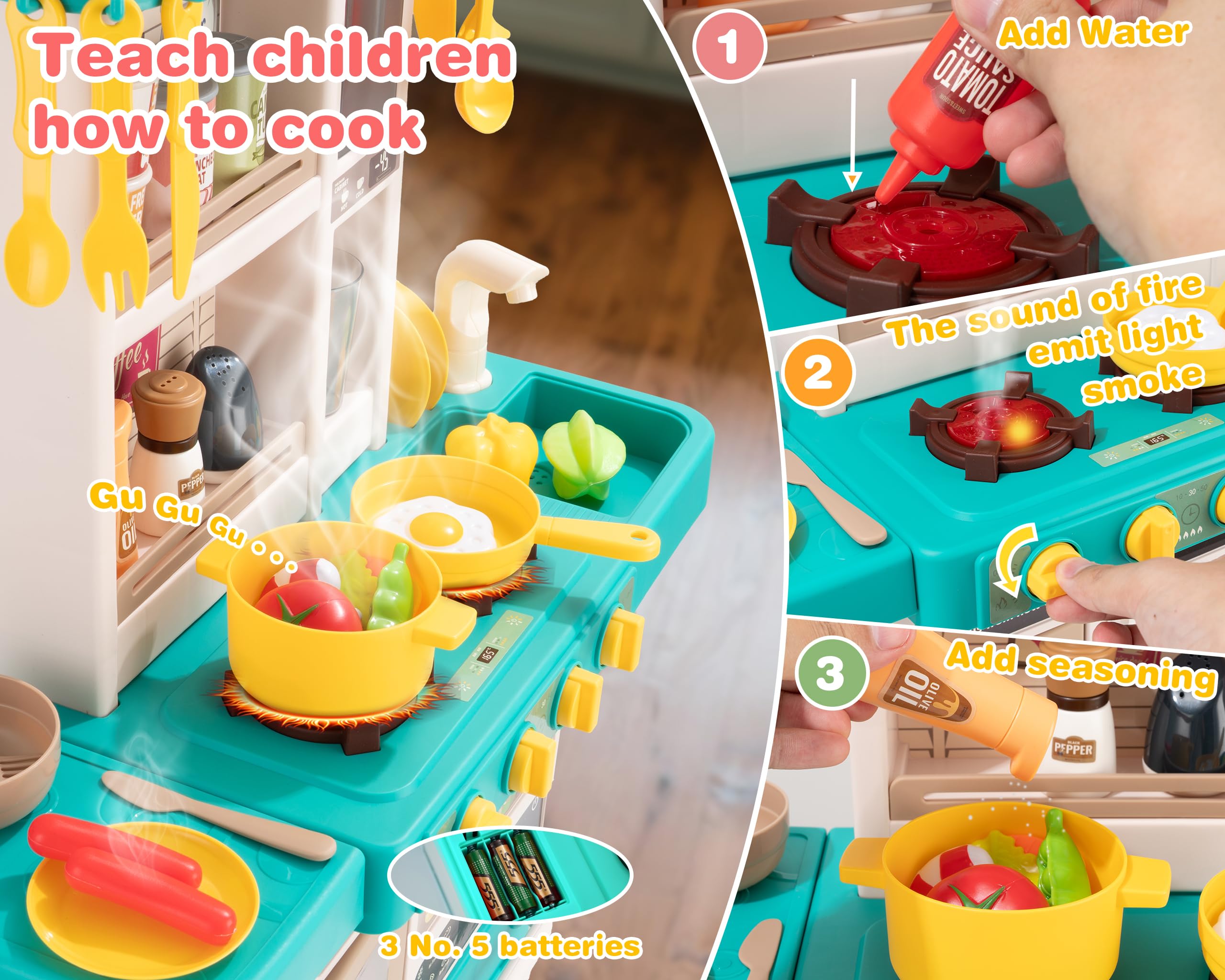 POFJOEQ 50-piece pretend food and utensils boost creative cooking scenarios and shared play.