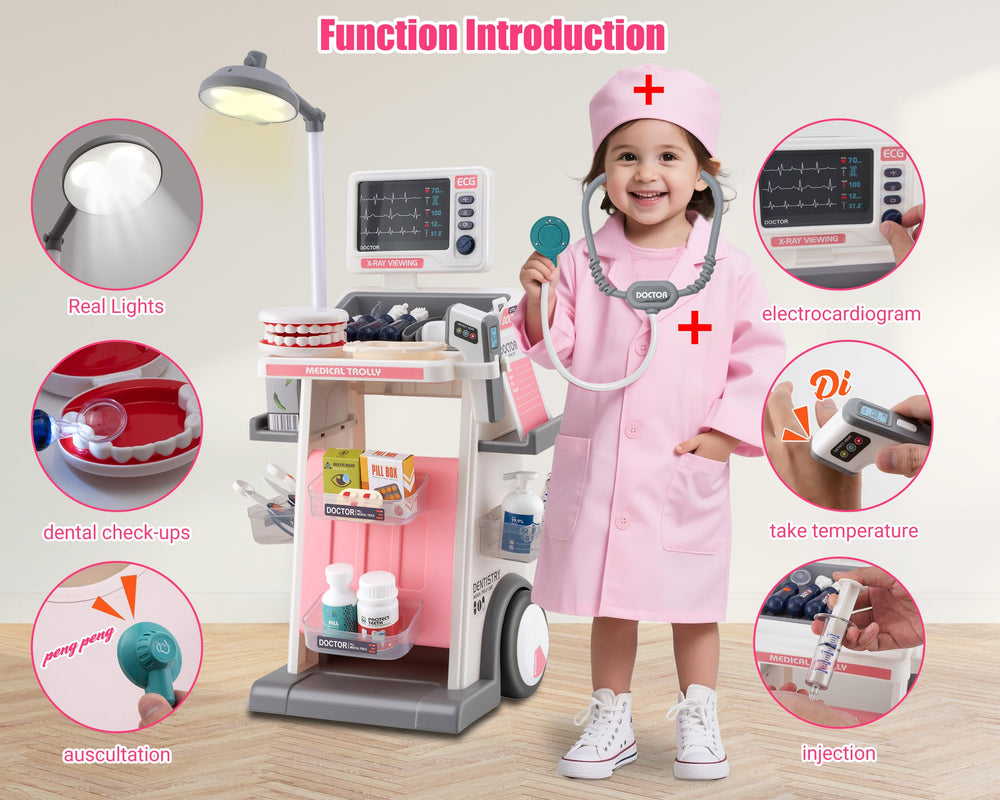 POFJOEQ stem doctor playset syringe and tools arranged for easy pretend diagnostics.
