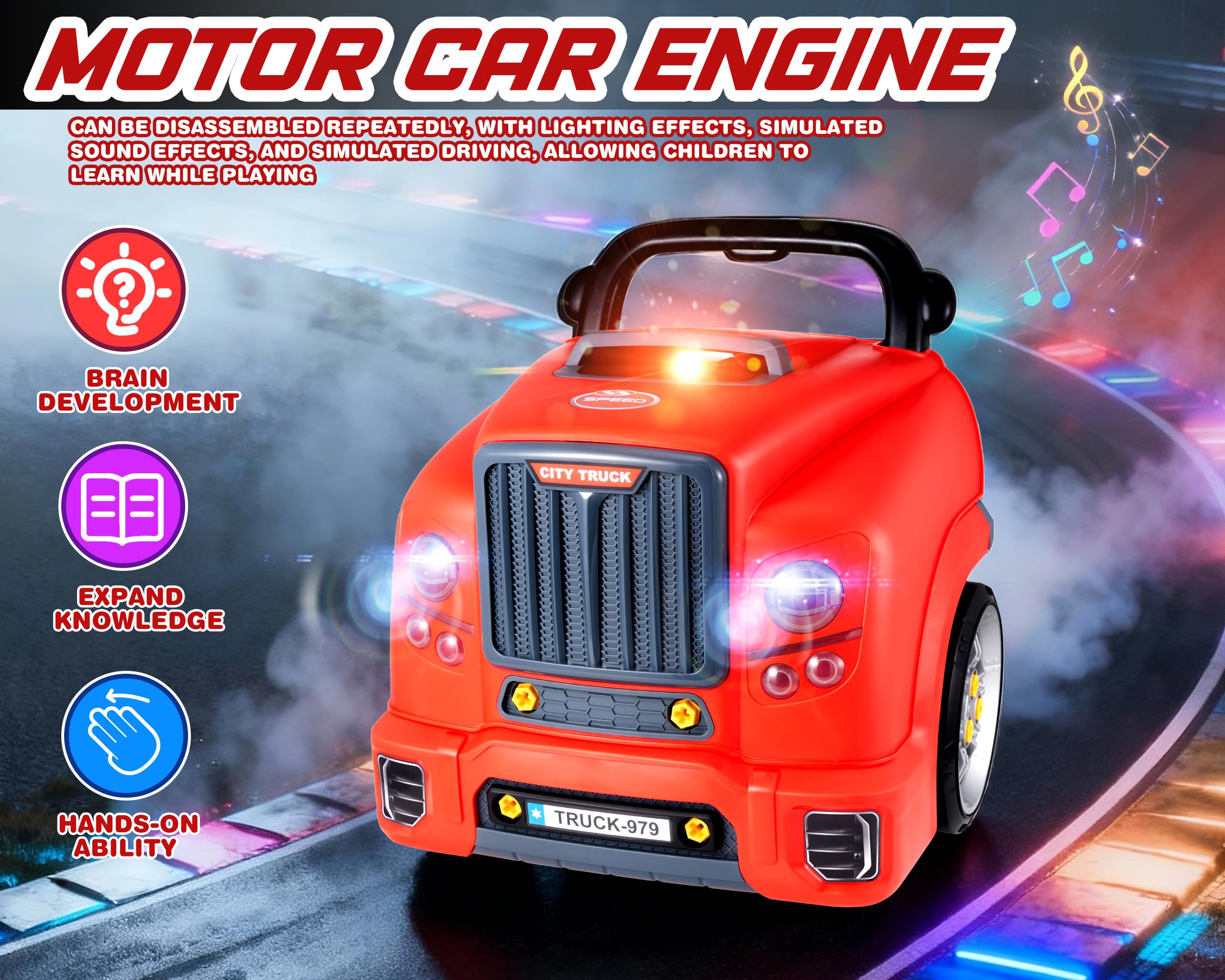POFJOEQ truck toy with LED headlights for nighttime pretend service.