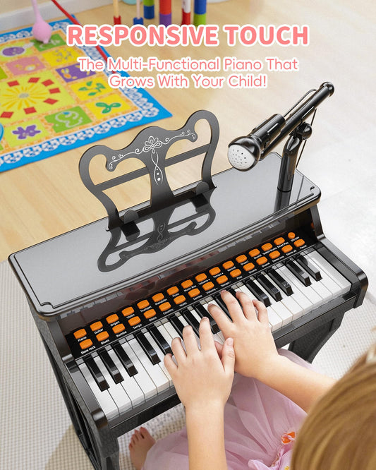 Poiacmvoia kid-friendly piano with microphone enables sing-along play sessions.