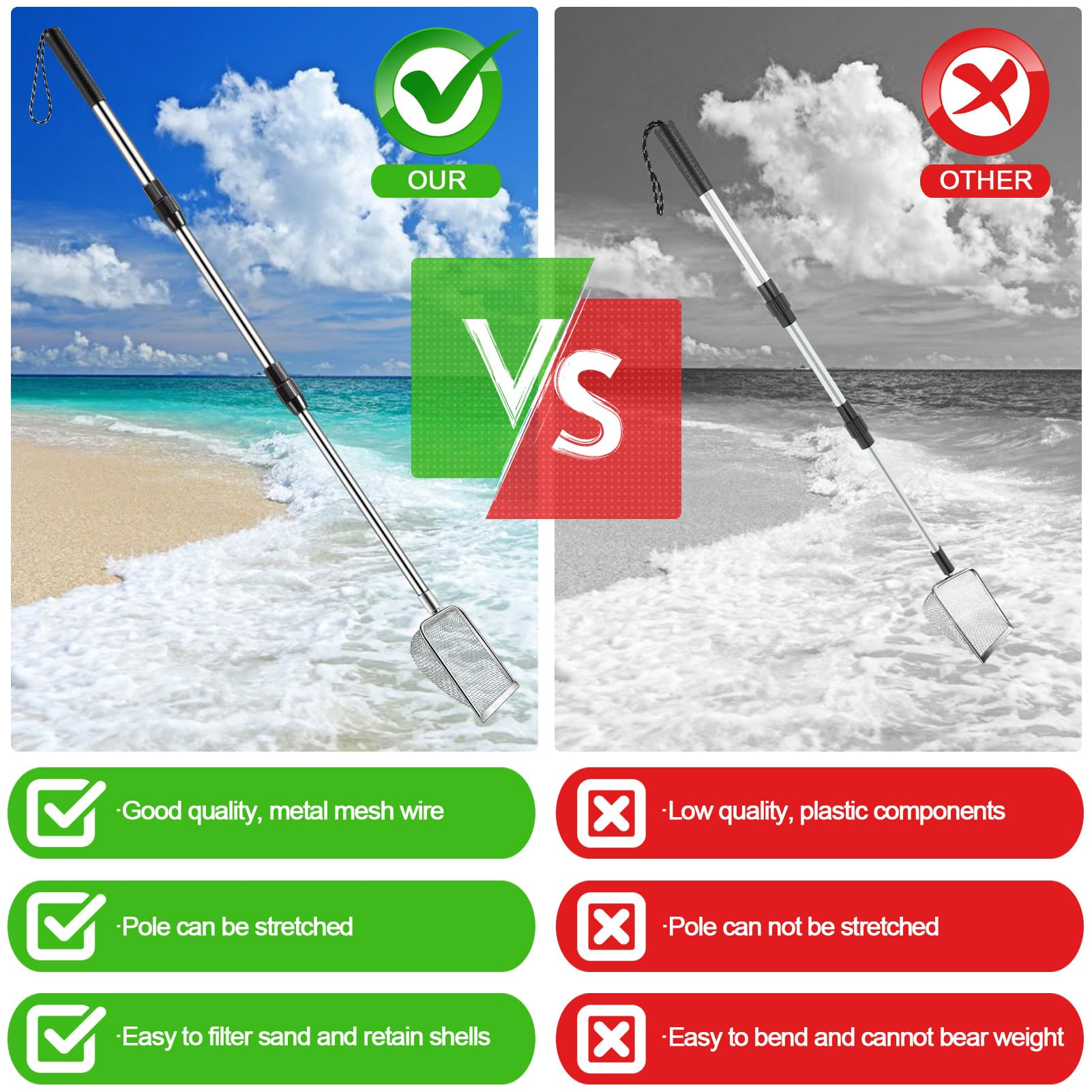 POILKMNI beach sand sifter with telescoping rod helps reach shallow areas without bending.