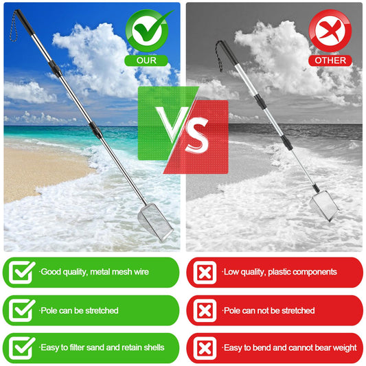 POILKMNI beach sand sifter with telescoping rod helps reach shallow areas without bending.