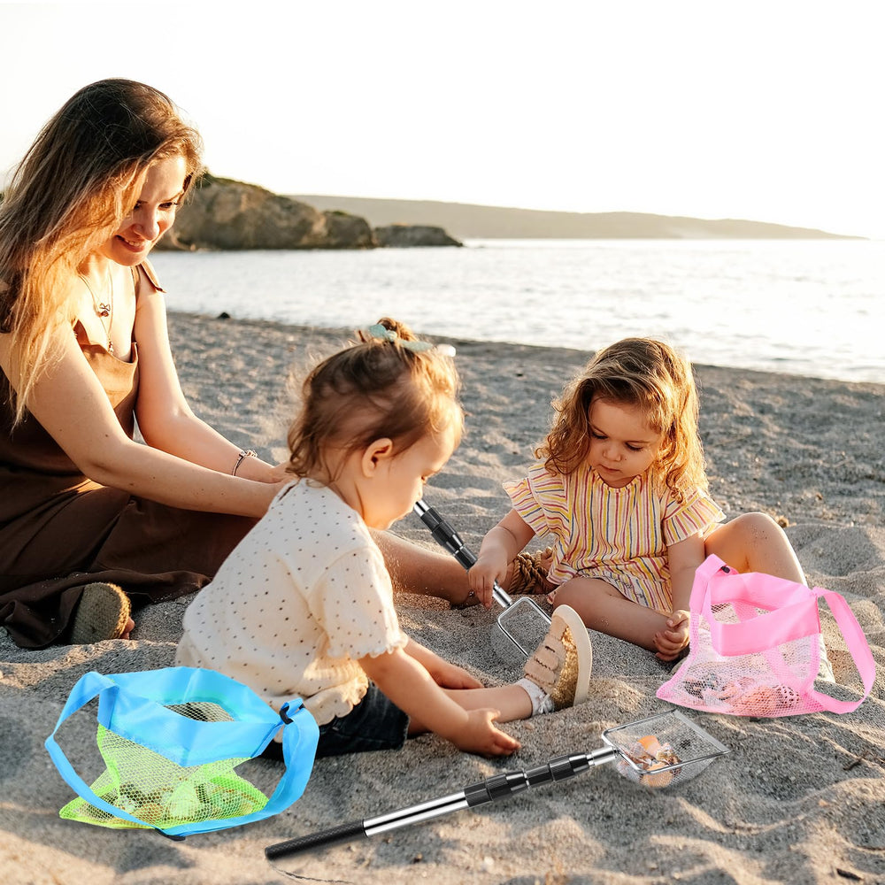 POILKMNI seashell bags and mesh storage for organized shell gathering at the beach.
