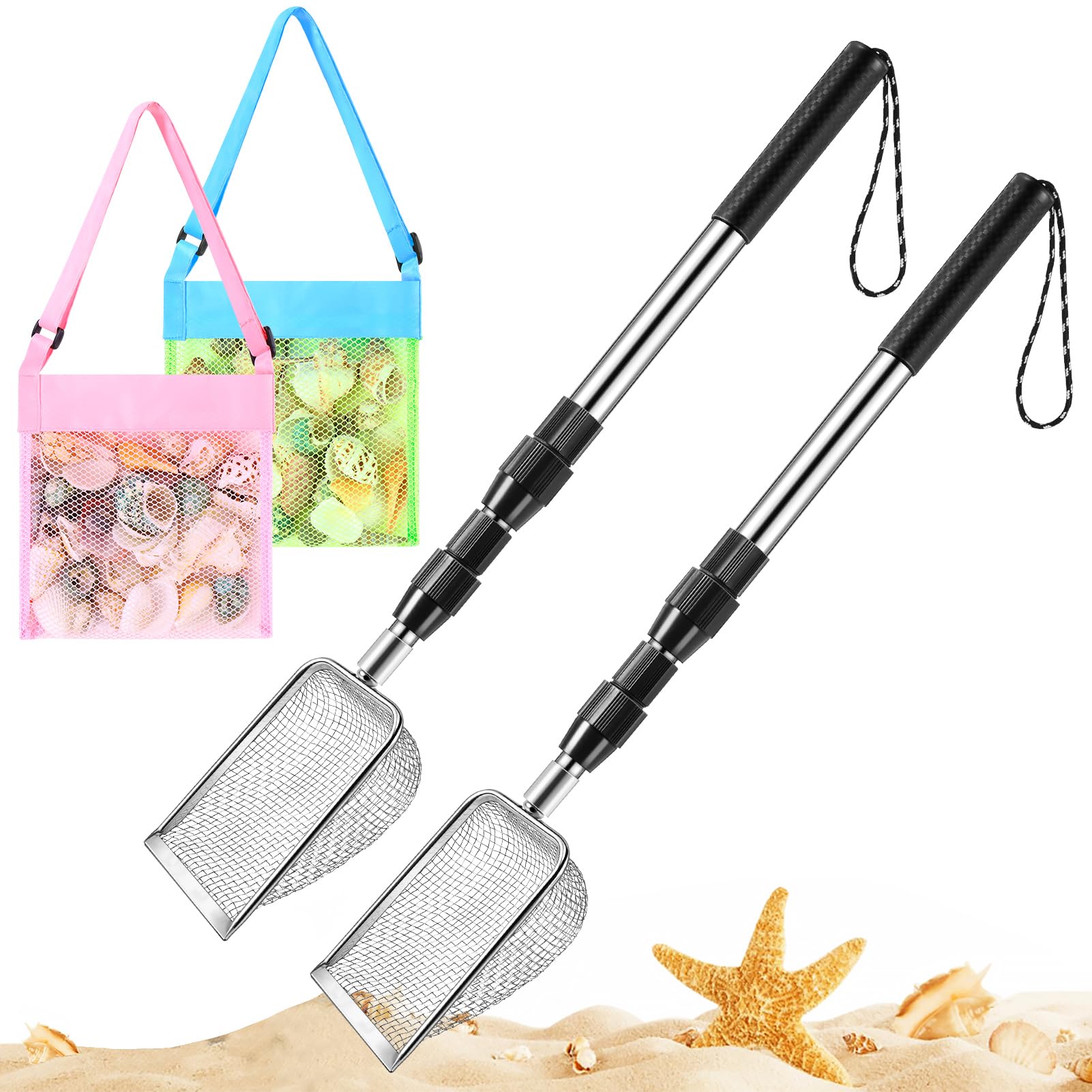 POILKMNI shark tooth sifter with extendable handle for easy beach treasure hunting.